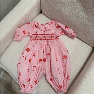 Cecil and Lou Pink Baby Romper with Red Candy Cane Print-perfect for Christmas